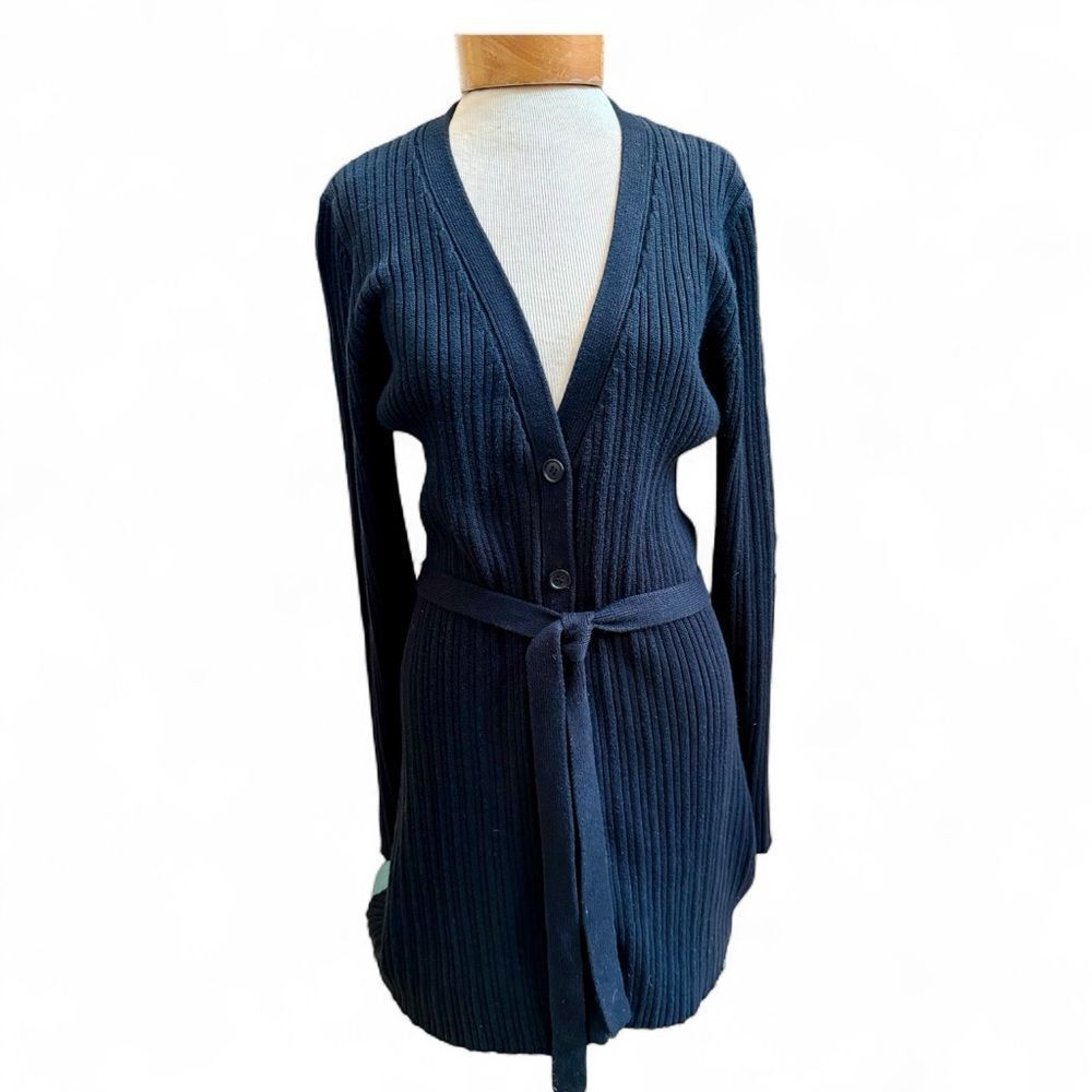 Andrea Behar Black Ribbed Cotton Belted Cardigan Sweater – Size Small